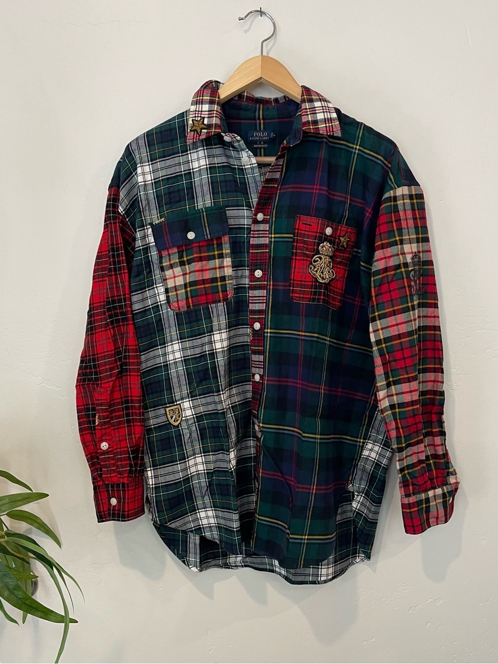 Polo Ralph Lauren Womens Patchwork Plaid Flannel Shirt Crest Embroidery Large